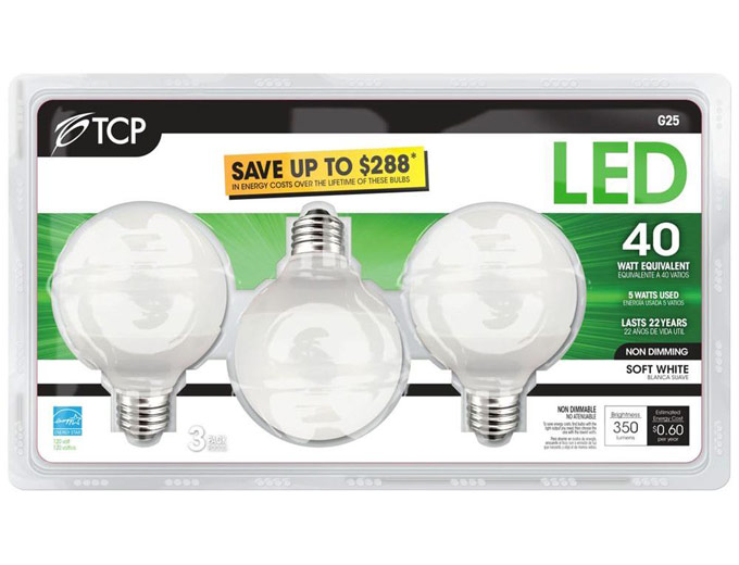 3-Pack TCP G25 LED Light Bulbs