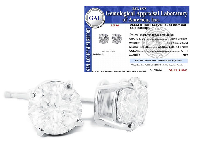 $1,345 off 14K 3/4 Carat Certified Diamond Studs