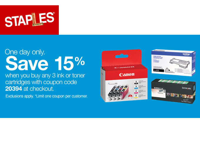 Save 15% off Ink or Toner Cartridges at Staples