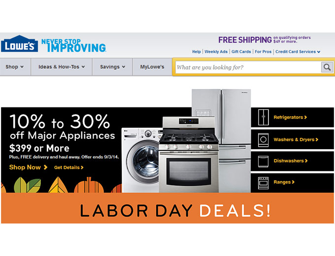 Save 10% - 30% off Major Appliances at Lowes