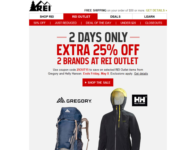 2 Days, 2 Brands, Extra 25% off at REI.com