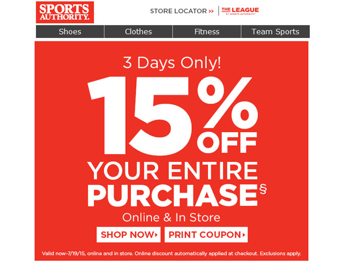Sports Authority 3-Day Sale - Extra 15% Off
