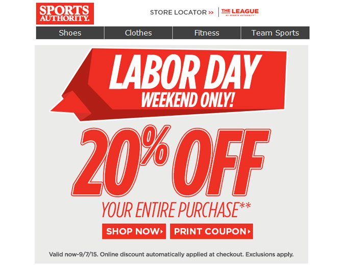 Sports Authority Labor Day Sale - Extra 20% Off