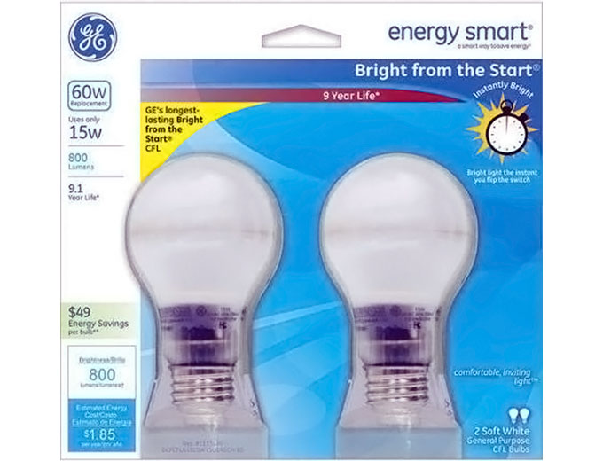 GE 60W Equivalent CFL, A19, 2-Pack