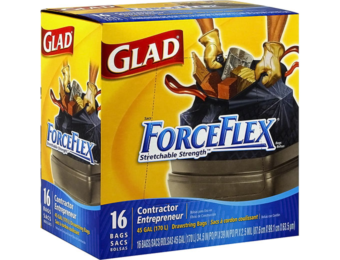 Glad ForceFlex 45 Gal Contractor Bags, allon, 16 bags