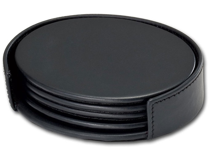 Dacasso Black Leather 4-Oval Coaster Set