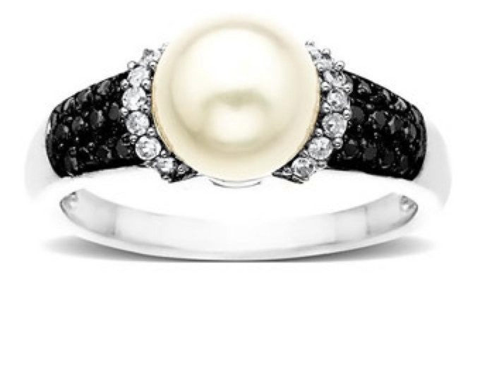 14K White Gold Pearl & .25ct Black & White Diamond Ring