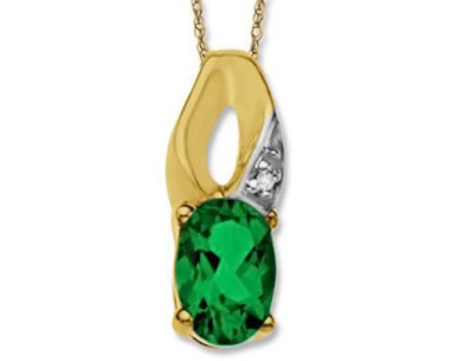 10K Gold Emerald Diamond Pendant Necklace