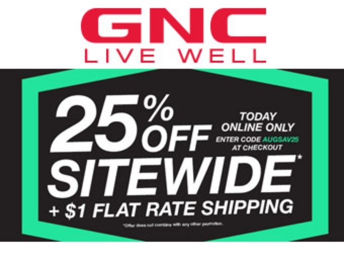 Extra 25% off Entire Purchase GNC + $1 Shipping