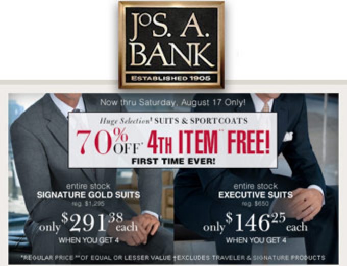 70% off + 4th Item Free on Most Suits &amp; Sportcoats at Jos. A. Bank